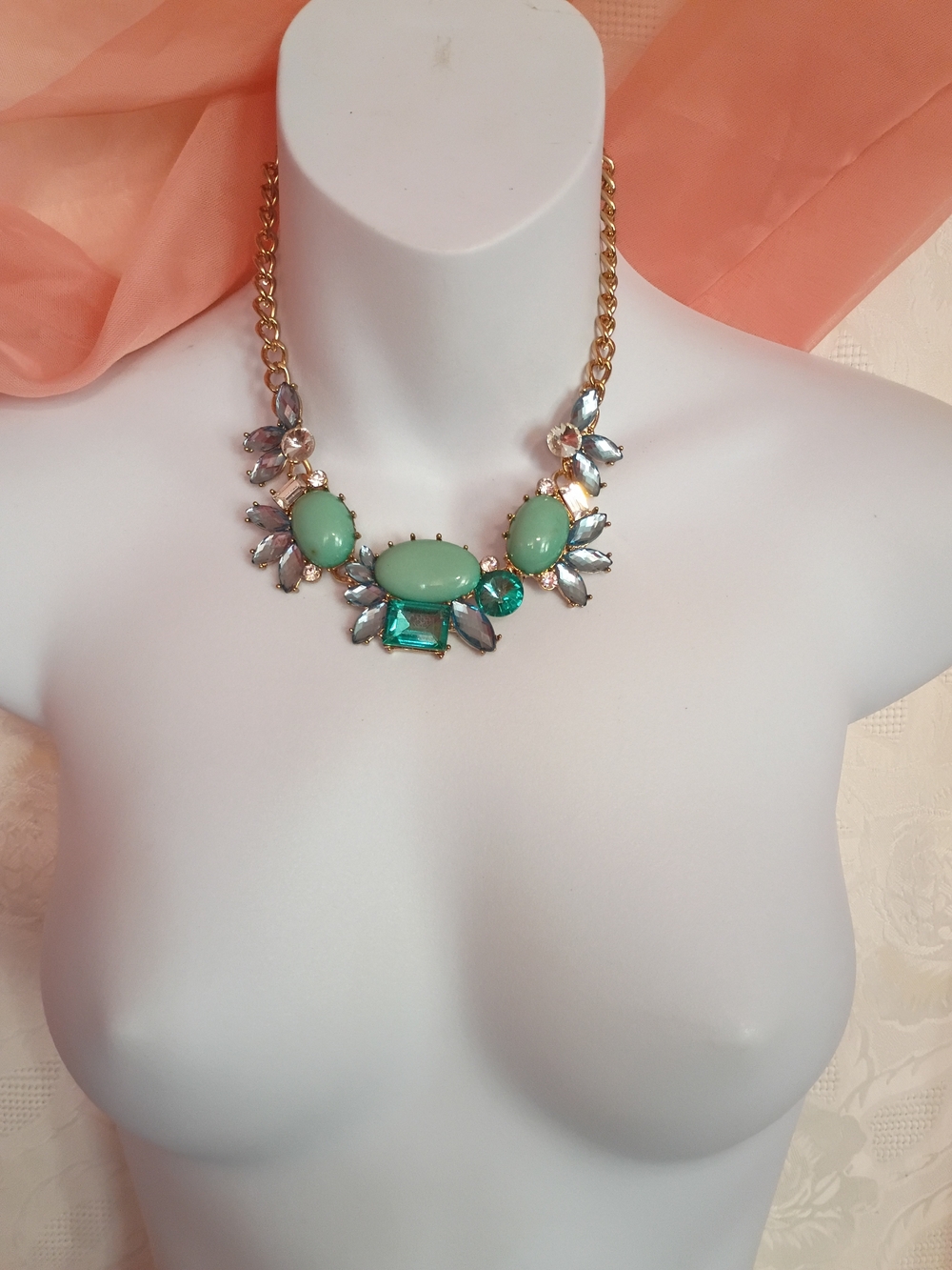 Gold Chain Mint Green Statement Necklace